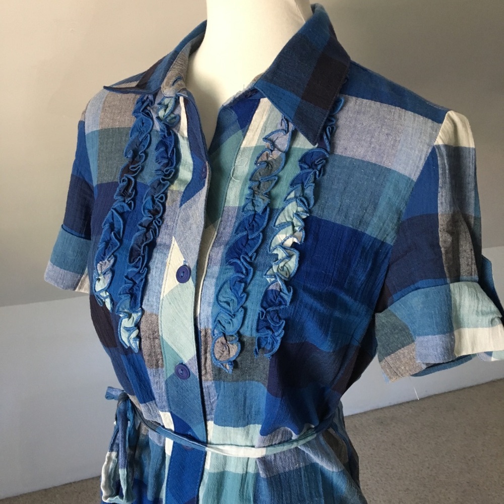 Checkered Color Block County Blue Button Dress - Picture 2 of 7